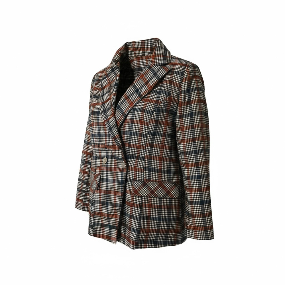 Glen Plaid Double-Breasted Blazer Jacket Blue Rust White Checkered Preppy 2X